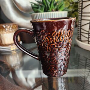 Vintage Kahlua Textured Tall Coffee Mug Tiki Hawaii Brown Coffee Beans  LOGO